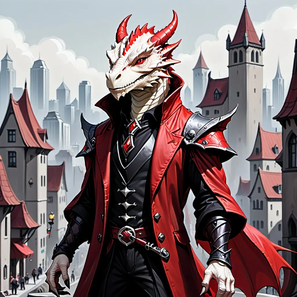 Prompt: A white male dragonborn with warlock red and black clothes around a city 