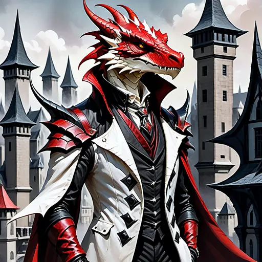 Prompt: A white male dragonborn with warlock red and black clothes around a city 