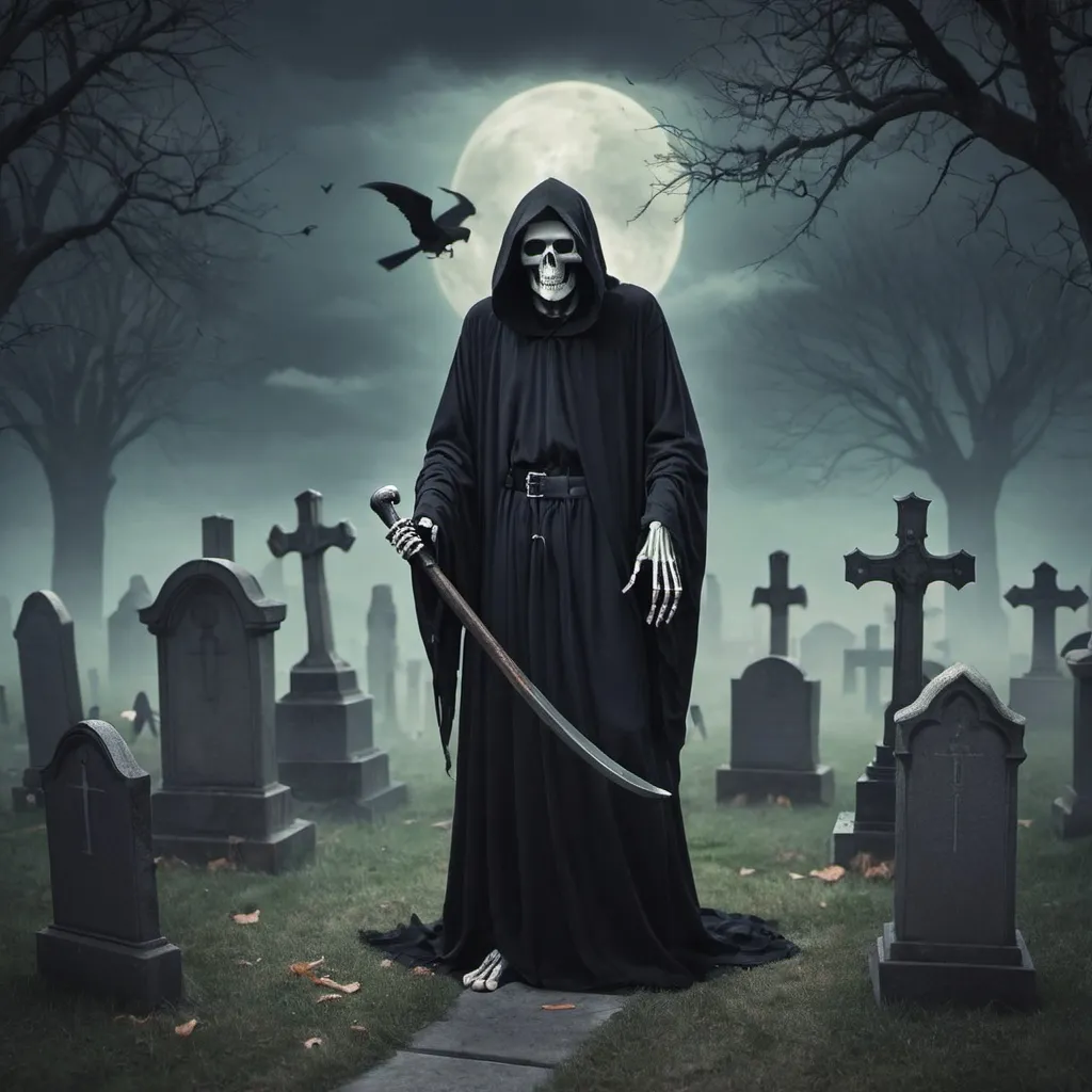 Prompt: A grim reaper in a graveyard