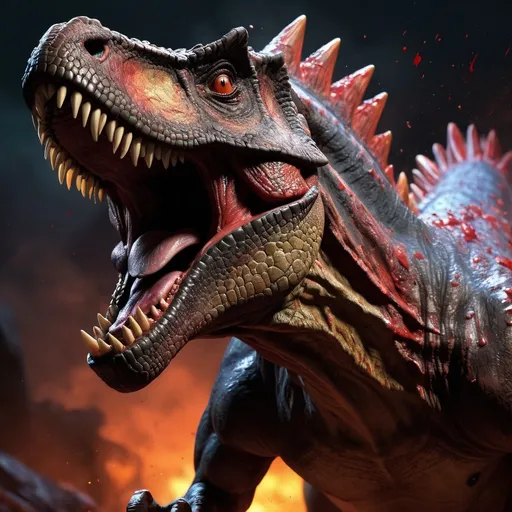 Prompt: (mutant dinosaur roaring), (vivid and dynamic), dramatic lighting, blood splatters on scales, fierce expression, solid color background, facing left at a 90 degree angle, intense colors, deep shadows, the atmosphere is chaotic and primal, high detail, (ultra-detailed), ready for action, fierce landscape, ominous atmosphere.