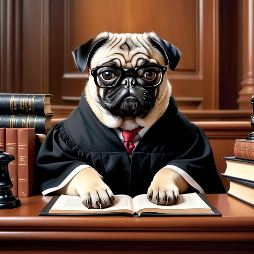 Prompt: photorealistic image of an appellate pug judge in Texas, (stoned face), wearing a small black robe and spectacles, presiding over a courtroom, (framed by a classic wooden bench), warm and inviting ambiance, subtle details like law books and a podium, ultra-detailed, vibrant colors, conveying seriousness yet charm, captures the essence of justice with a whimsical twist.