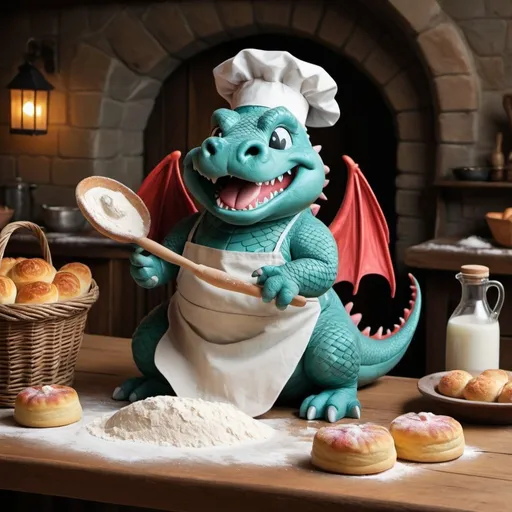 Prompt: A plump, happy dragon with a chef's hat and apron kneads dough on a giant wooden table. Flour dusts its snout, and a basket of colorful pastries sits beside it. Use a thick black outline for the illustrations to make them easy for children to color.
Add small details like scales, buttons, or expressions to make the dragons even more endearing.
Consider incorporating medieval elements in the background, like castles, bridges, or rolling hills.