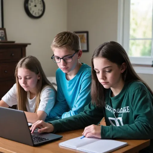 Prompt: students doing school work with technology at home


