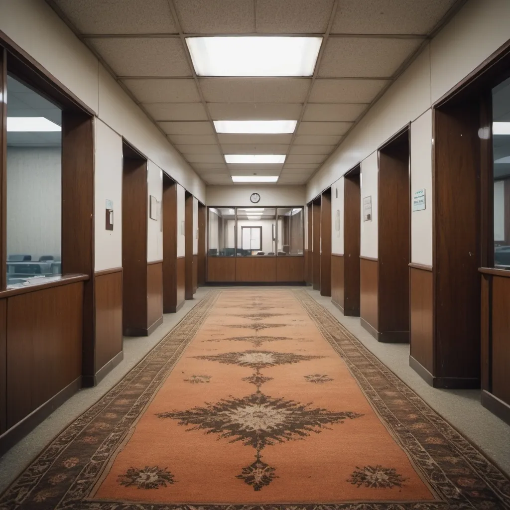 Prompt: inside a government office building with strong, vintage 1970s vibes. Solid Rugs, emptied and abandoned, with an atmosphere of a place frozen in time.





