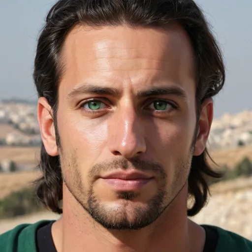 Prompt: A strong, handsome, beautiful and lovable man, anyone who looks at him loves him
An athlete near Jerusalem
The end times will come when the Day of Judgment approaches. Evacuate the forehead in the gym, i.e. receding hair from the front of his head: the nose is long, i.e.
He resembles the Prophet Muhammad, peace and blessings be upon him, in creation and creation.
He will be 40 years old. Green eyes 
  He liberates Palestine from the Jews