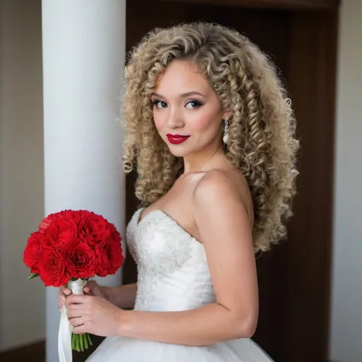 Prompt: curly hair, wedding dress, red lipsticks 