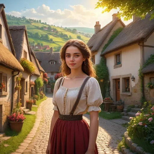 Prompt: (young woman named Elara in a quaint village), nestled between rolling hills, scenery of picturesque countryside, warm golden sunlight, lush greenery, cozy and serene atmosphere, charming cottages with thatched roofs, cobblestone paths, blooming flowers, vibrant colors, detailed background with hills fading into the horizon, peaceful and idyllic setting, high quality 4K, ultra-detailed, cinematic masterpiece, award-winning professional artwork.