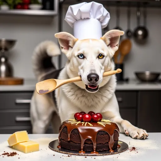 Prompt:  @ftVHUOG95gSwfMRwTSLB is decorating a beautiful chocolate cake with cherries and caramel drizzles. HDR ultra high quality, high details. @ftVHUOG95gSwfMRwTSLB is wearing a tall chef's hat and holding a wooden spatula in his mouth. Background is a commercial bakery with gourmet kitchen tools and ingredients, the countertop is dusted with flour and has a few slabs of butter and other used cake ingredients. Both of @ftVHUOG95gSwfMRwTSLB 's eyes are clearly visible, and his facial expression is gleeful. @ftVHUOG95gSwfMRwTSLB has one blue eye and one amber eye. He is standing up, balancing on his hind legs. His body is not touching the cake or countertop. 