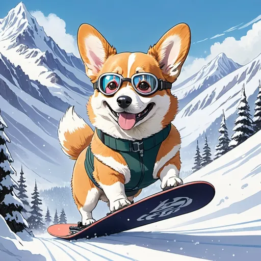 Prompt: 2d studio ghibli anime style, a corgi wearing ski goggles standing on a snowboard flying down a snowy mountain, anime scene