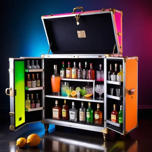 Prompt: Colorful, sleek cocktail bar trunk, vibrant and elegant cocktail experience, bottles, glasses, mini-fridge, citrus, syrups, mixology tools, high quality, sleek design, professional, vibrant colors, detailed textures, atmospheric lighting