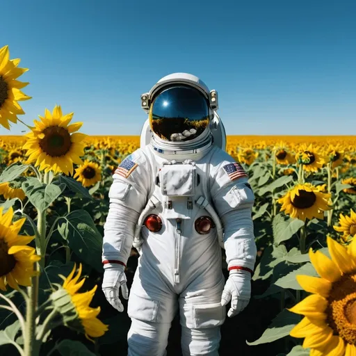 Prompt: An astronaut in the middle of a field of sunflowers, the flowers reflect on his helmet. Cloudless blue sky