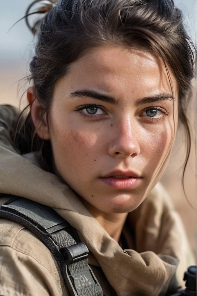 Prompt: An ultra-realistic, high-definition close-up headshot of Thessa, a 30-year-old female sniper and expert marksman. She has fair skin with a slight sun-kissed tint, showing signs of exposure to the wasteland’s harsh elements. Her angular face features high cheekbones and a sharp, calculating gaze, with piercing blue eyes that rarely miss a detail. A few faint freckles scatter across her nose and cheeks, adding a touch of softness to her otherwise steely appearance.

Thessa’s dirty blonde hair is tied back in a practical, messy bun, with a few loose strands framing her face. Her lips are set in a firm line, and her expression is one of calm, focused determination, reflecting her life as a sniper. A small scar runs horizontally just above her left eyebrow, a subtle mark of past encounters.

She wears a worn, tactical sniper’s hood, with the edges frayed from years of use. The hood partially covers a sleek, high-tech targeting visor attached to her right eye, glowing faintly with a red hue, indicating her enhanced sight for long-range accuracy. Around her neck is a scavenged military dog tag, a relic from a previous time, though it remains unreadable, worn smooth by time and dust.

Thessa is facing the camera directly, her eyes making steady, unblinking eye contact with the viewer. The background is a blurred rocky terrain, with the faint outline of a ruined wasteland city in the distance, highlighting the harsh environment she navigates. Soft, natural light casts shadows across her face, emphasizing the contours of her sharp features and the slight grit in her hair and skin, giving her a hardened but precise look.

The image is tightly framed, capturing just her head and shoulders, with the sniper’s rifle barely visible, slung over her shoulder. Her expression conveys a mix of quiet confidence and readiness, a woman who has spent her life surviving and thriving from a distance.