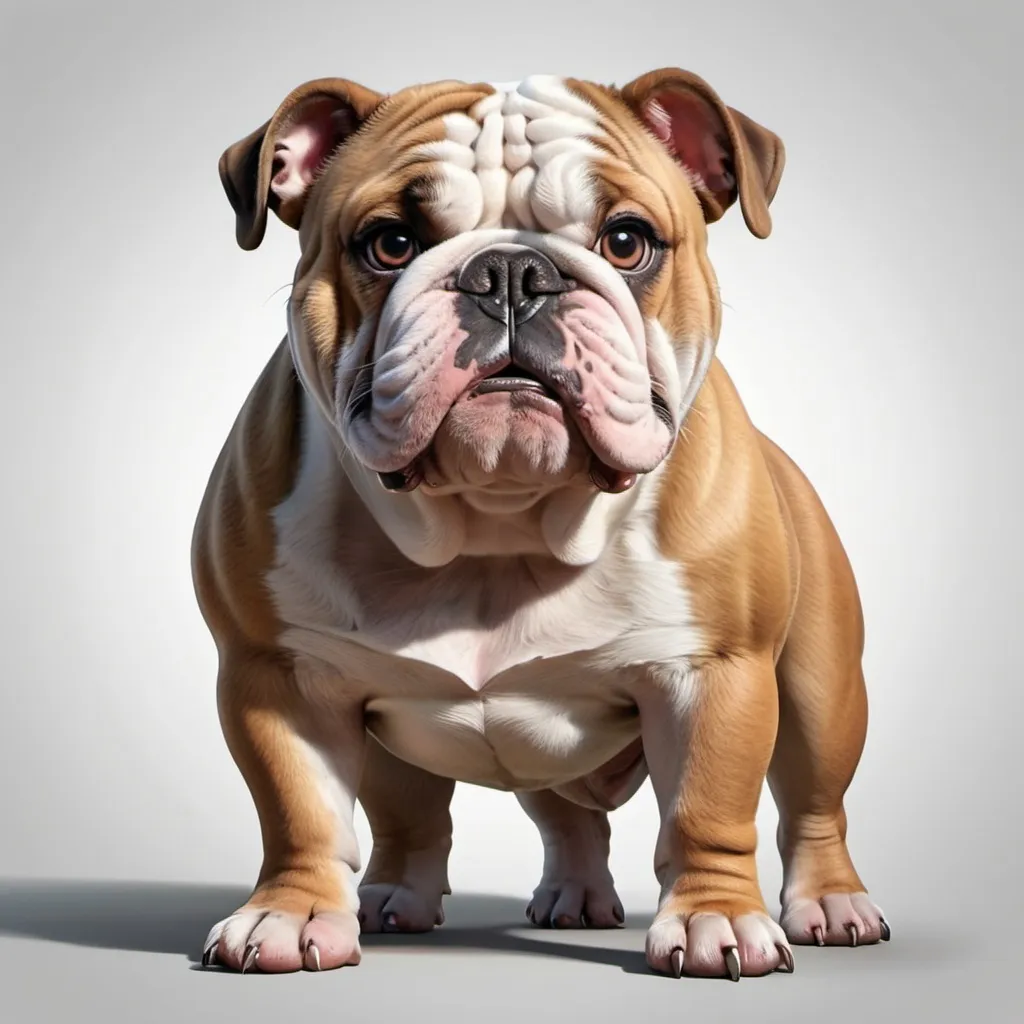 Prompt: a bulldog with a 13 meters big head and round small body in realistic style