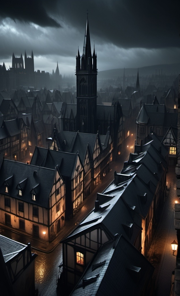 Prompt: gothic city, nighttime, moody atmosphere, gloomy, eerie ambience, 4k, high resolution, sharp image, gothic housing district 