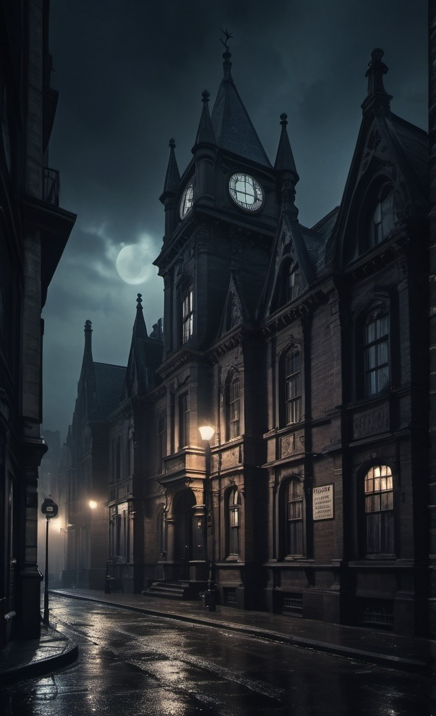 Prompt: gothic city, nighttime, moody atmosphere, gloomy, eerie ambience, 4k, high resolution, sharp image, gothic police station, victorian era policemen 