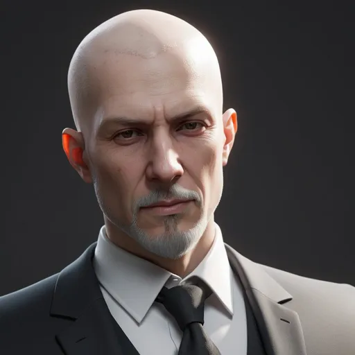 Prompt: ((best quality)), ((illustration)), ((masterpiece)), bright  colors, unreal engine, highres, fantasy, 1 middle aged man, white skin, black suit, white hair, short almost bald hair, white goatee; highly detailed