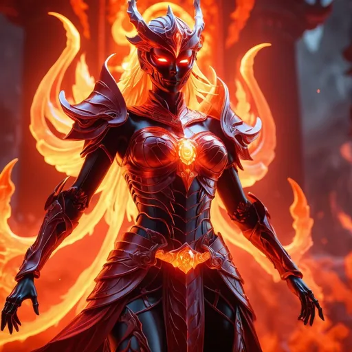 Prompt: ((best quality)), ((illustration)), ((masterpiece)), bright  colors, unreal engine, highres, fantasy, 1 red transparent female skeletal susanoo ghost, surrounded in a red glowing fiery aura, orange glowing eyes, huge; red energy aura, highly detailed