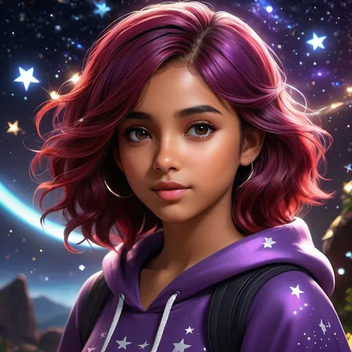 Prompt: ((best quality)), ((illustration)), ((masterpiece)), bright  colors, unreal engine, highres, fantasy, 1 young preteenage girl, deep tan skin, purple clothes covered in stars, black and red hair; highly detailed