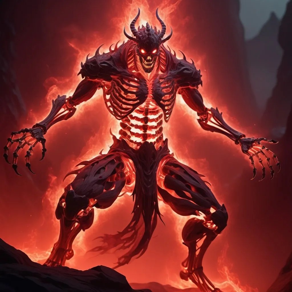 Prompt: ((best quality)), ((illustration)), ((masterpiece)), bright  colors, unreal engine, highres, fantasy, 1 dark red transparent skeletal susanoo ghost, surrounded in a dark red glowing fiery aura, red glowing eyes, huge; dark red energy aura, highly detailed