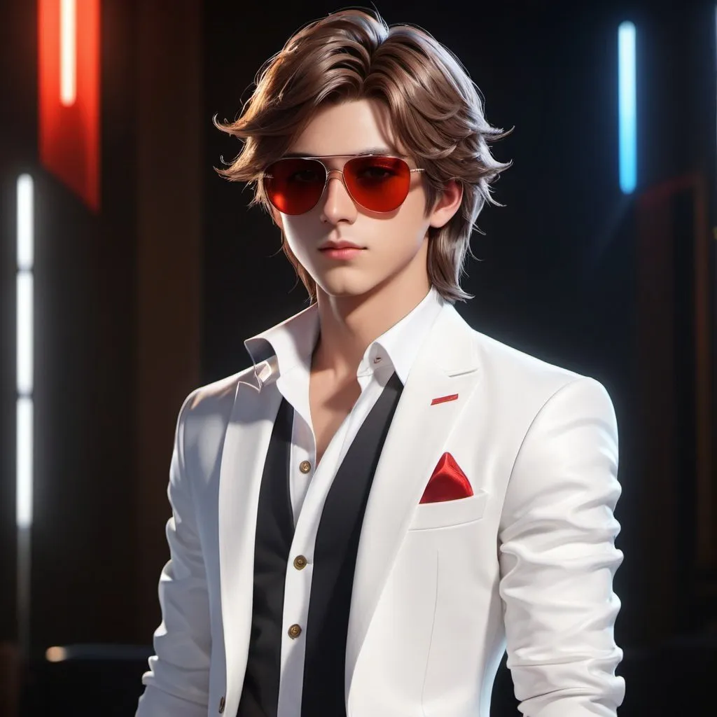 Prompt: ((best quality)), ((illustration)), ((masterpiece)), bright  colors, unreal engine, highres, 1 rich serious beautiful boy, white clothing, long brown hair, long hair, red eye shades, white spike powers; highly detailed