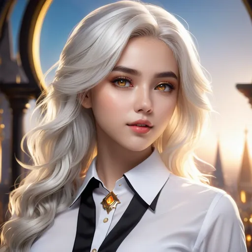 Prompt: ((best quality)), ((illustration)), ((masterpiece)), bright  colors, unreal engine, highres, fantasy, 1 celestial serious young girl, light skin, glowing golden eyes, white collar shirt, black undershirt, white hair, long wavy hair; highly detailed