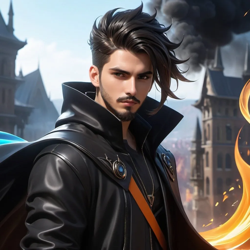 Prompt: ((best quality)), ((illustration)), ((masterpiece)), bright  colors, unreal engine, highres, 1 serious teenage boy, long black spiky ponytail hair, beard, black jacket, black and brown cloak, black metallic gravity energy aura,  black smoke; highly detailed