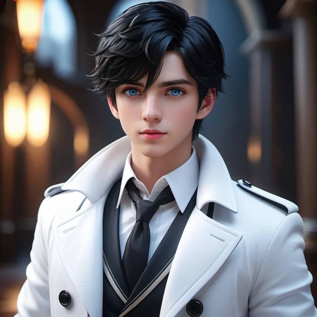 Prompt: ((best quality)), ((illustration)), ((masterpiece)), bright colors, unreal engine, highres, fantasy, 1 boy, black hair, white coat, blue eyes; highly detailed