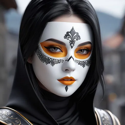 Prompt: ((best quality)), ((illustration)), ((masterpiece)), bright  colors, unreal engine, highres, fantasy, 1 girl, white skin, black hair, black eyes, masked, black and grey clothes; highly detailed