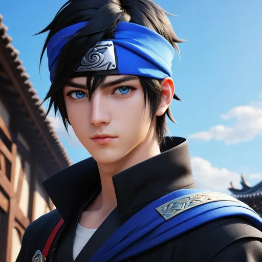 Prompt: ((best quality)), ((illustration)), ((masterpiece)), bright colors, unreal engine, highres, fantasy, 1 teenage boy, black hair, black coat, one blue eye, one black eye; shinobi headband, highly detailed