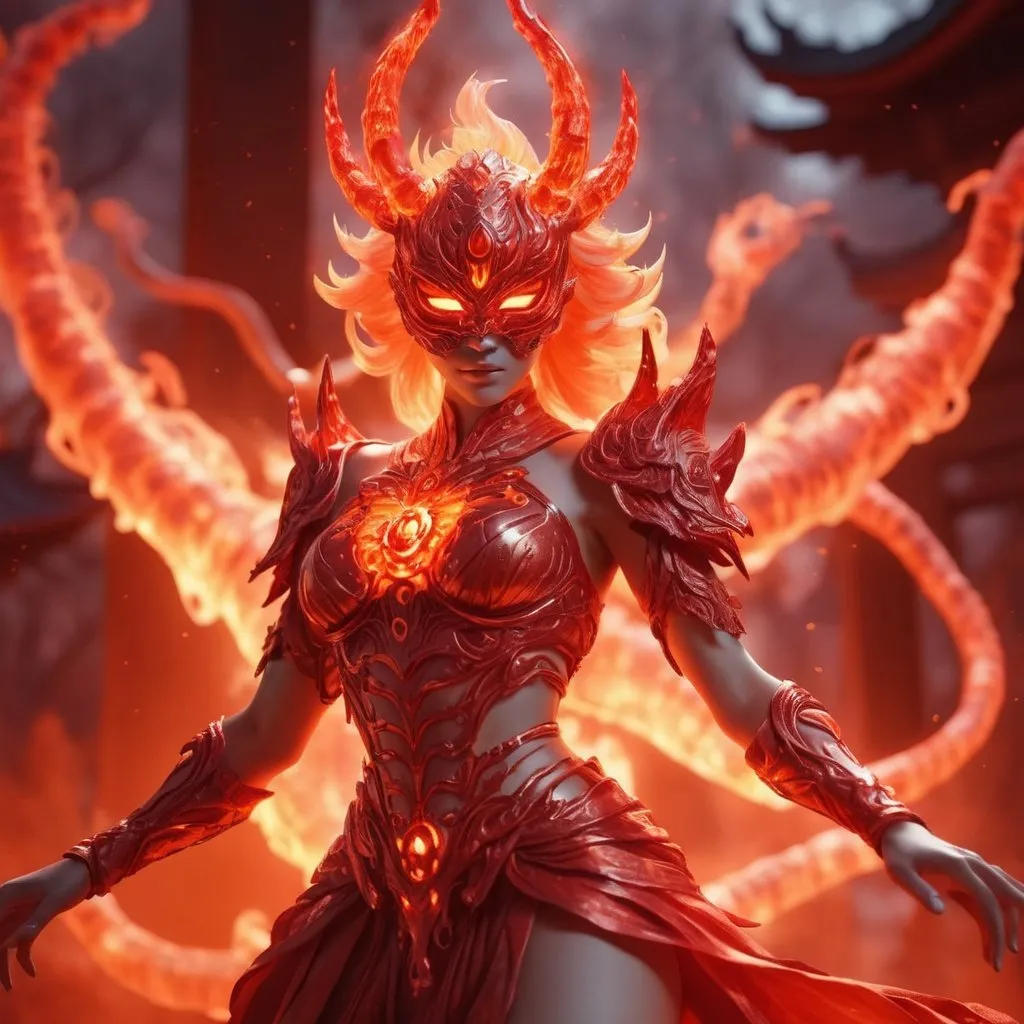 Prompt: ((best quality)), ((illustration)), ((masterpiece)), bright  colors, unreal engine, highres, fantasy, 1 red transparent female masked susanoo ghost, surrounded in a red glowing fiery aura, orange glowing eyes, huge; red energy aura, highly detailed