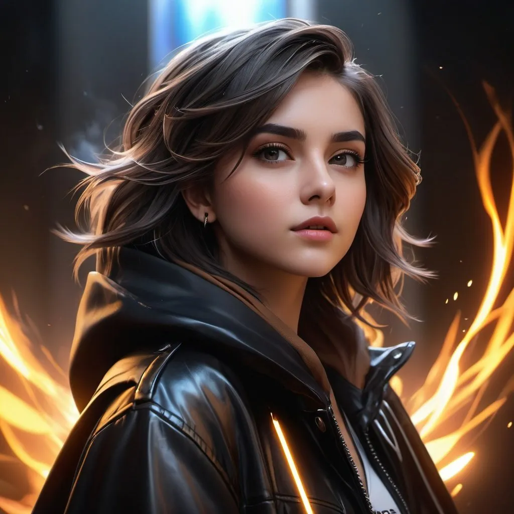 Prompt: ((best quality)), ((illustration)), ((masterpiece)), bright  colors, unreal engine, highres, 1 serious teenage girl, black spiky fade shave hair, black jacket, black and brown cloak, black metallic gravity energy aura,  black smoke; highly detailed