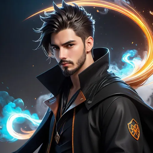 Prompt: ((best quality)), ((illustration)), ((masterpiece)), bright  colors, unreal engine, highres, 1 serious teenage boy, long black spiky ponytail hair, beard, black jacket, black and brown cloak, black metallic gravity energy aura,  black smoke; highly detailed