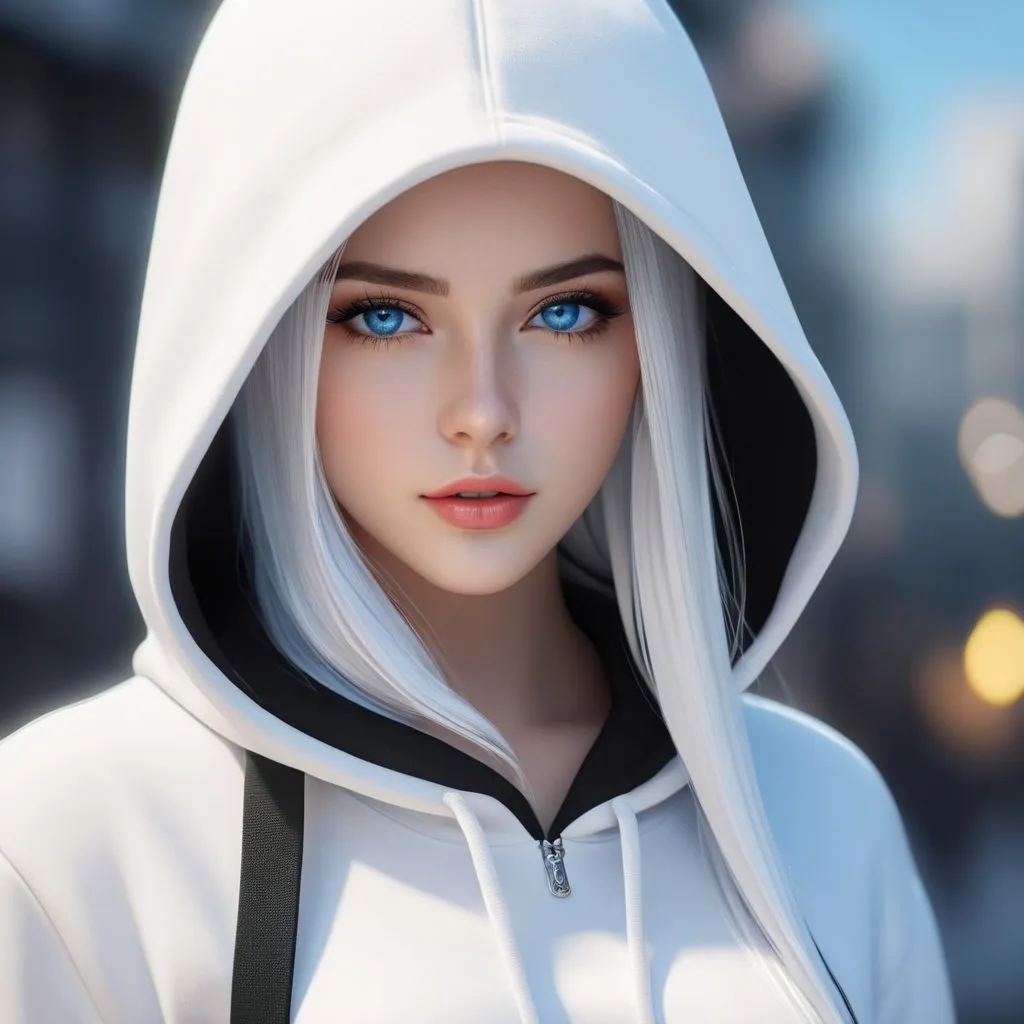 Prompt: ((best quality)), ((illustration)), ((masterpiece)), bright  colors, unreal engine, highres, fantasy, 1 young girl, white skin, rich, white hoodie, blue eyes, white hair, straight hair, black cap; black highlight, highly detailed