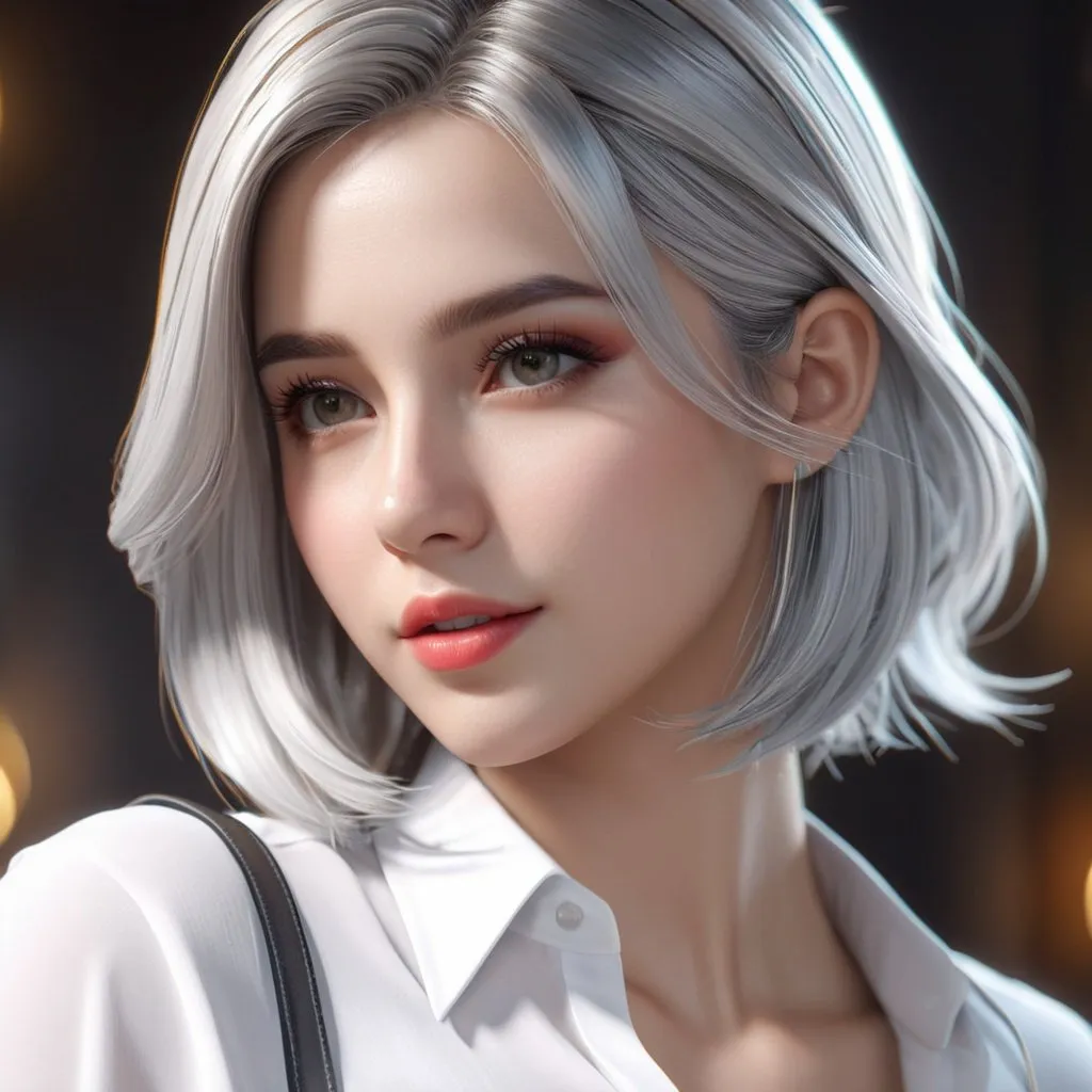 Prompt: ((best quality)), ((illustration)), ((masterpiece)), bright colors, unreal engine, highres, fantasy, 1 girl, white skin, gray hair, shoulder length hair, white shirt, highly detailed.