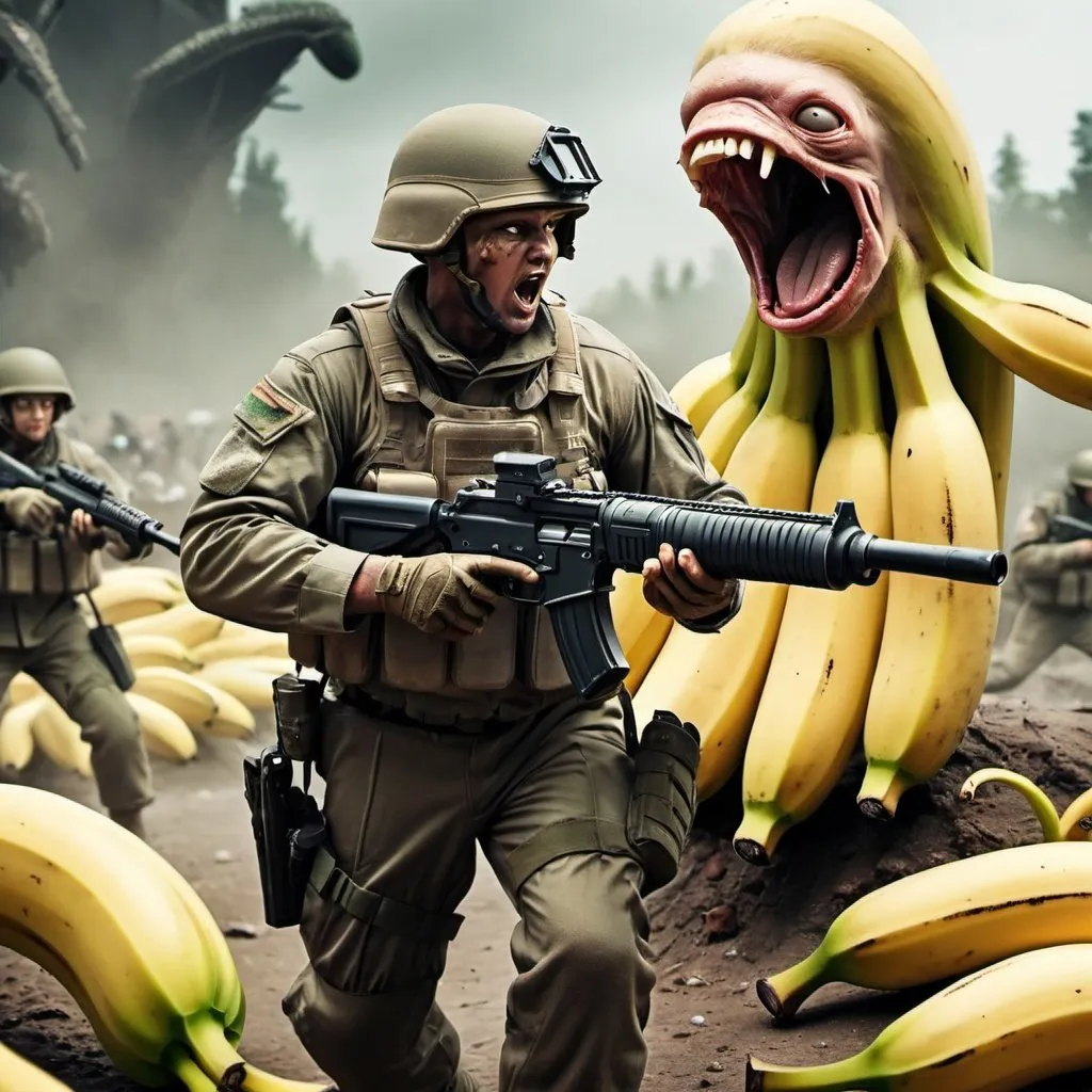 Prompt: A soldier fighting a horrifying alien horde with a banana bazooka