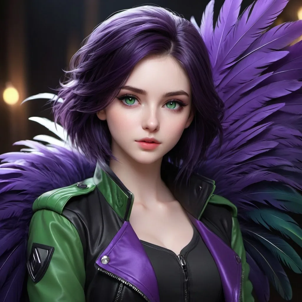 Prompt: ((best quality)), ((illustration)), ((masterpiece)), bright  colors, unreal engine, highres, fantasy, 1 teenage girl, pale skin, gray and black jacket, green eyes, black lashes, dark purple hair; holding purple feathers, highly detailed