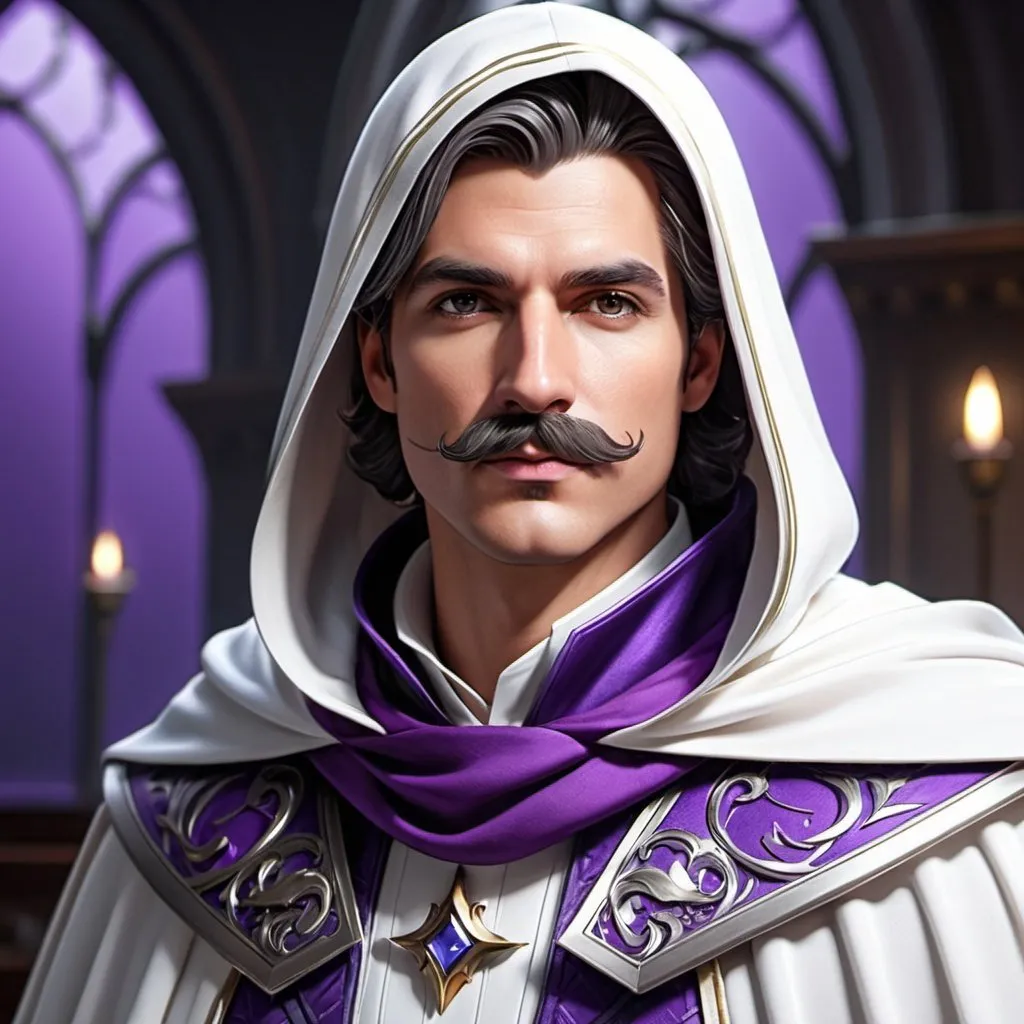 Prompt: ((best quality)), ((illustration)), ((masterpiece)), bright  colors, unreal engine, highres, fantasy, 1 man with mustache, white cloak, gray gair, white and purple hood; highly detailed