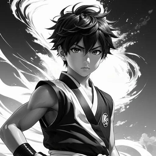 Prompt: Anime art style, 1 young boy, Black and white clothes, black side swept hair; controlling ki energy, muscles, martial artist, highly detailed anime art