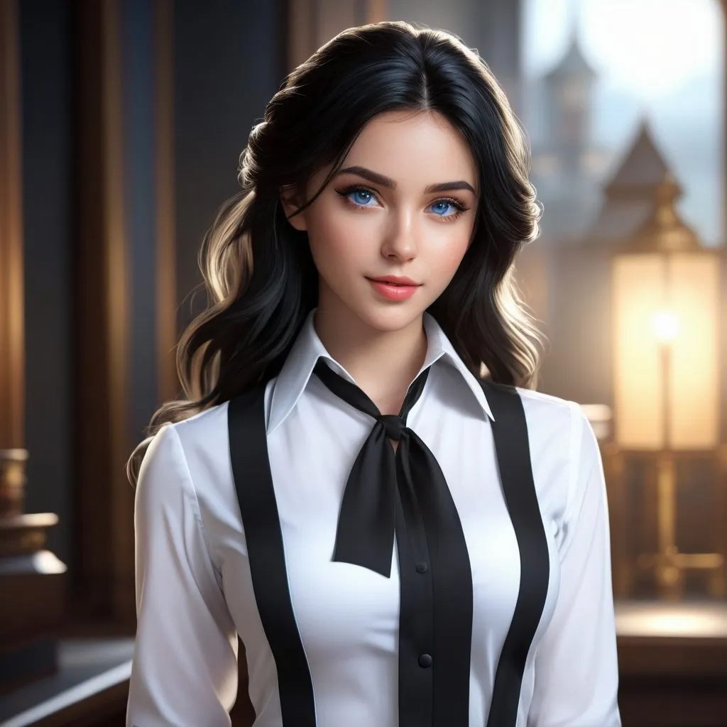 Prompt: ((best quality)), ((illustration)), ((masterpiece)), bright  colors, unreal engine, highres, fantasy, 1 young girl, light skin, blue eyes, white collar shirt, black undershirt, black hair, long wavy hair; highly detailed