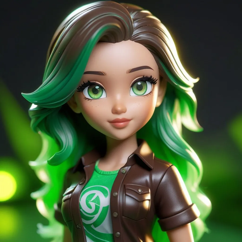 Prompt: ((best quality)), ((illustration)), ((masterpiece)), bright  colors, unreal engine, highres, fantasy, 1 toy figurine of a young girl, light skin, green eyes, dark brown shirt, green hair, messy hair; green aura, white highlights, highly detailed