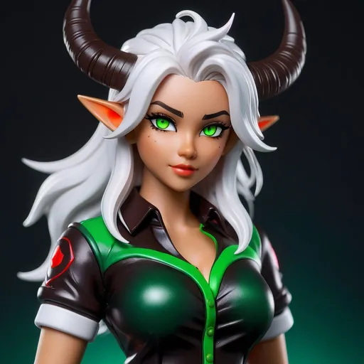 Prompt: ((best quality)), ((illustration)), ((masterpiece)), bright  colors, unreal engine, highres, fantasy,  toy figurine of a teenage girl, light skin, red glowing eyes, dark brown shirt, white hair, messy hair, black horns, muscled; green aura, white highlights, highly detailed
