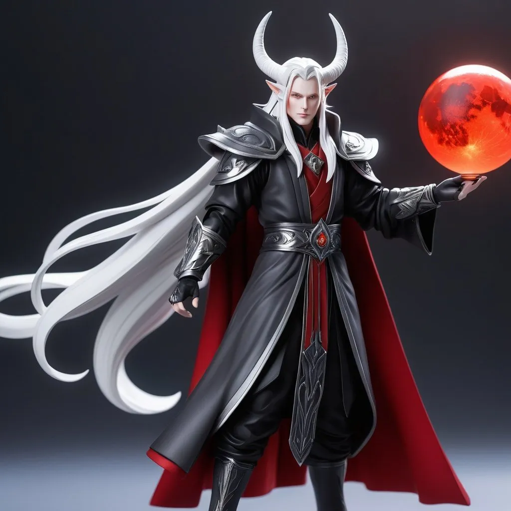 Prompt: ((best quality)), ((illustration)), ((masterpiece)), bright  colors, unreal engine, highres, fantasy, 1 toy figurine of a man, chalk pale skin, black and red robes, white hair, long hair, grey horns, red glowing eyes; white aura, highly detailed