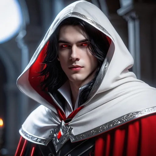 Prompt: ((best quality)), ((illustration)), ((masterpiece)), bright  colors, unreal engine, highres, fantasy, 1 young man, pale skin, white cloak, red glowing eyes, black hair, long hair, white and red hood; red aura, highly detailed