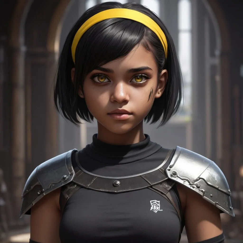 Prompt: ((best quality)), ((illustration)), ((masterpiece)), bright  colors, unreal engine, highres, fantasy, 1 young girl, dark skin, black t shirt, metal shoulder guard, athletic, yellow eyes, black hair, short hair, silver headband, serious; highly detailed