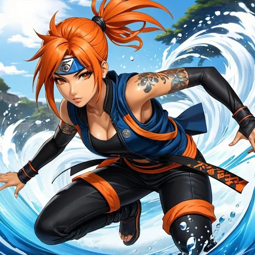 Prompt: Kishimito anime art style, 1 Shinobi ninja girl, tan skin, Black and blue vest, orange clipped hair; diamond tattoos, controlling water energy, battle ready, martial art stance, highly detailed anime art 