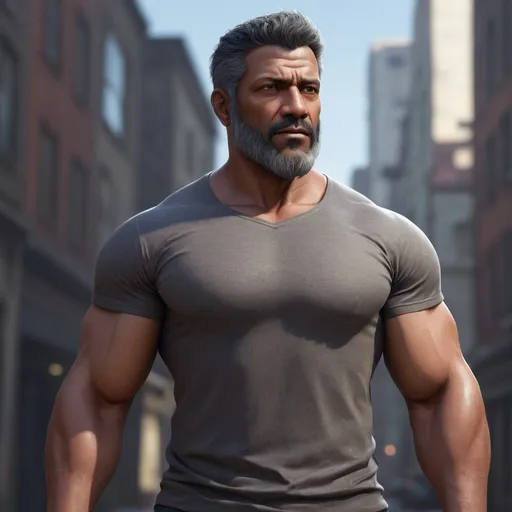 Prompt: ((best quality)), ((illustration)), ((masterpiece)), bright  colors, unreal engine, highres, fantasy, 1 middle aged man, dark brown skin, grey t shirt, black hair, fade hair, muscular, stubble beard; highly detailed