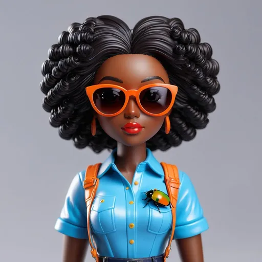 Prompt: ((best quality)), ((illustration)), ((masterpiece)), bright  colors, unreal engine, highres, fantasy, 1 toy figurine of a girl, dark skin, sunglasses, Shirt with a drawing of a beetle, black hair, afro, streaks of Beetles, highly detailed