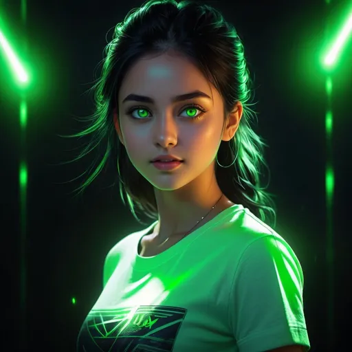 Prompt: ((best quality)), ((illustration)), ((masterpiece)), bright  colors, unreal engine, highres, fantasy, 1 young teenage girl standing in the dark in the shadows, light skin, athletic, white t shirt, black hair, bright glowing green eyes through the darkness, menacing, shining eyes like bright green light; green energy aura, Green highlight, highly detailed