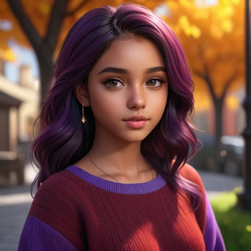 Prompt: ((best quality)), ((illustration)), ((masterpiece)), bright  colors, unreal engine, highres, fantasy, 1 young preteenage girl, deep tan skin, purple sweater, black and red hair; highly detailed