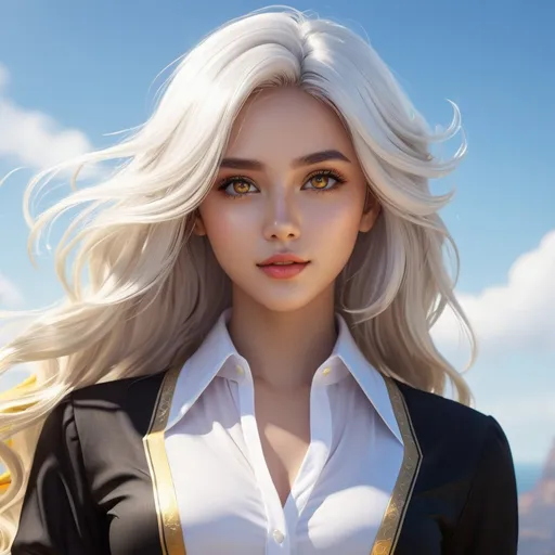 Prompt: ((best quality)), ((illustration)), ((masterpiece)), bright  colors, unreal engine, highres, fantasy, 1 celestial young girl, light skin, glowing golden eyes, white collar shirt, black undershirt, white hair, long wavy hair; highly detailed